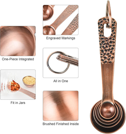 Copper Measuring Cups and Spoons Set 14, Stainless Steel Measuring Cups and Spoons set, Metal 6 Measure Cup and 7 Measure Spoon with 1 Leveler for Kitchen & Baking