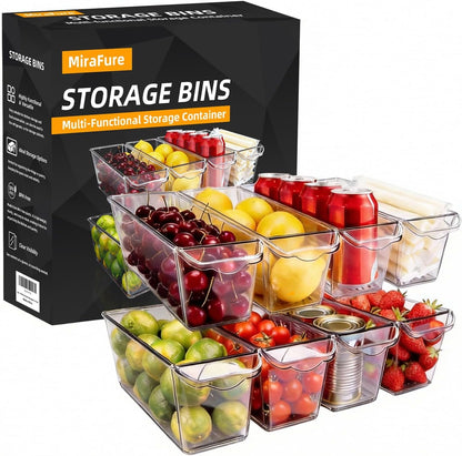 4 Pack Slim Fridge Organizer Bins, BPA Free Clear Refrigerator Storage Containers, Clear Pantry Organization & Cabinet Bins with Handles, Narrow Freezer Bin for Kitchen, Mini Fridge