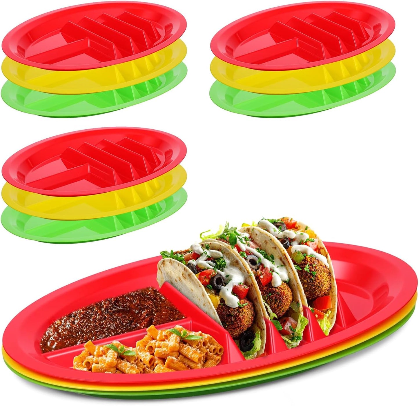 12 Pack Colorful Plastic Taco Plates – Reusable Taco Holder with Dividers for 3 Tacos & 2 Dipping Areas, BPA-Free, Dishwasher & Microwave Safe (Red, Yellow, Green)