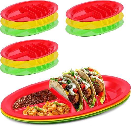 12 Pack Colorful Plastic Taco Plates – Reusable Taco Holder with Dividers for 3 Tacos & 2 Dipping Areas, BPA-Free, Dishwasher & Microwave Safe (Red, Yellow, Green)