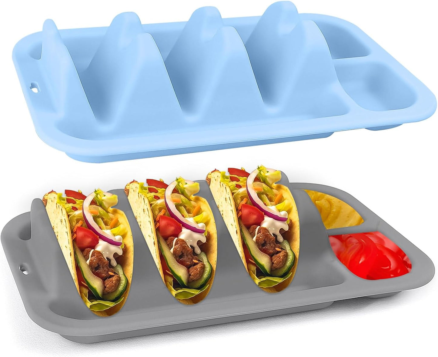Silicone Taco Plates Holder Set of 2 - Reusable Taco Plates with Dividers & Dip Bowls, Holds 3 Tacos Stand | Microwave & Dishwasher Safe, Heavy Duty Non-slip Taco Tray Stands for Hard/Soft Shells