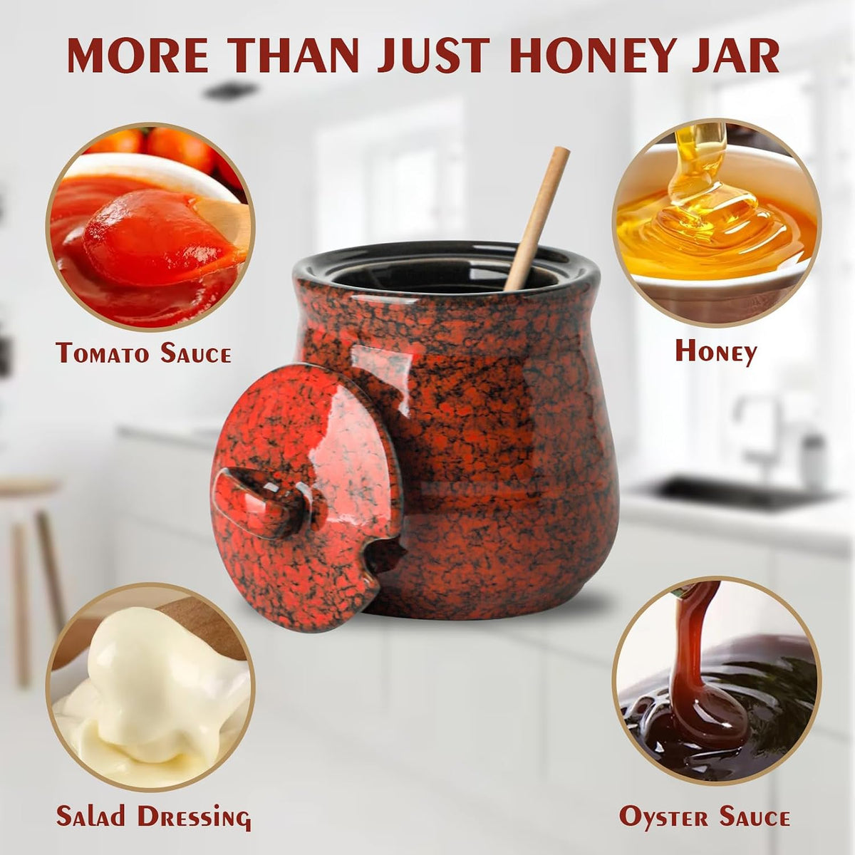 HASENSE Ceramic Honey Pot with Lid, 12 Ounce HoneyJar with Wooden Dipper, Honey Dipper Stick and Jar Set, Cute Small Container for Christmas Thanksgiving Gift, Dishwasher Safe, Blue