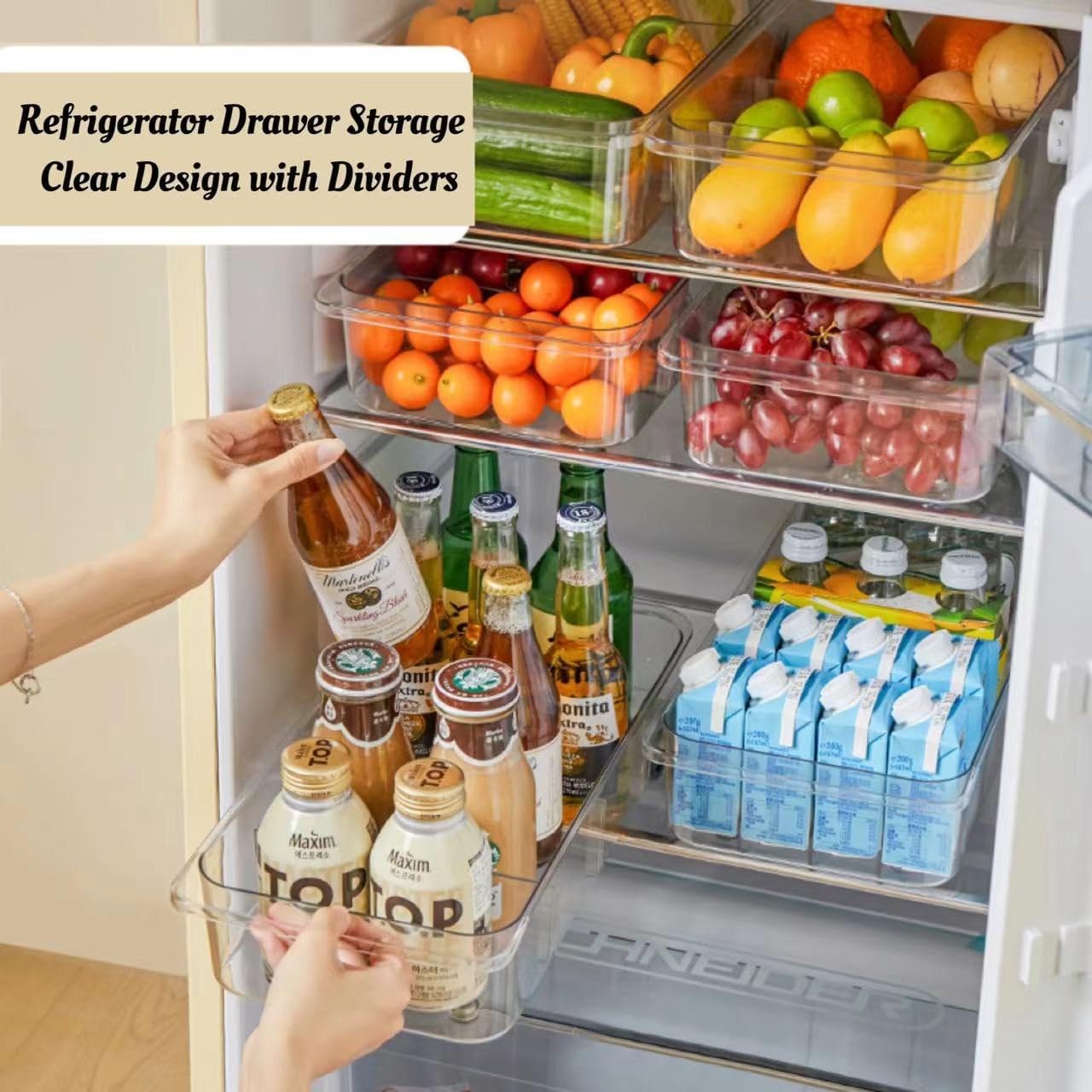 Attelite 3 Pack Fridge Organizer on Wheels,Roll Out Refrigerator Organizers and Storage Clear Design with Dividers,Upgrade Thick Plastic Storage Bins with Wheels, Kitchen Organization