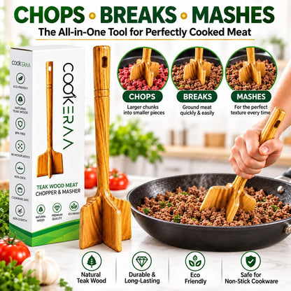 Teak Wood Meat Masher, Ground Beef Chopper & Chicken Shredder Tool