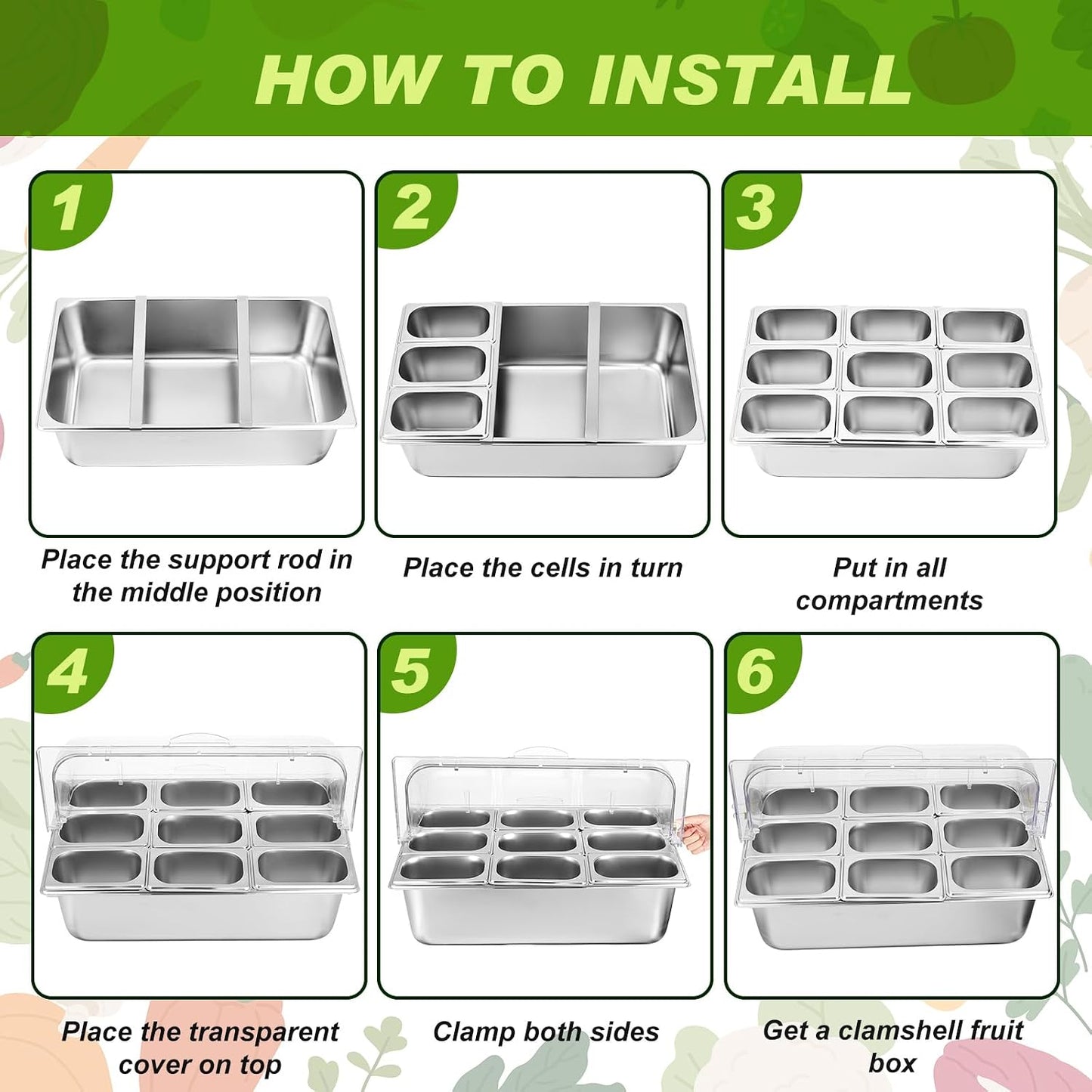 Condiment Tray Stainless Steel Serving Display Set with Lid for Buffet Restaurant Kitchen, Food Chilled Container for Salad Fruit Condiments, Keeps Food Fresh with Ice Box(6 Compartments)