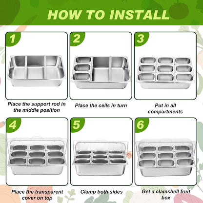 Condiment Tray Stainless Steel Serving Display Set with Lid for Buffet Restaurant Kitchen, Food Chilled Container for Salad Fruit Condiments, Keeps Food Fresh with Ice Box(6 Compartments)