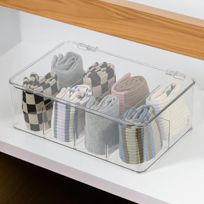 ZEXALOR Socks Underwear Drawer Organzier Dividers, 16 Compartment Removable Divided Plastic Storage Bin with Lid, Storage Organizer for Scarves Ties Bras, Clear Dresser Drawer Organizers