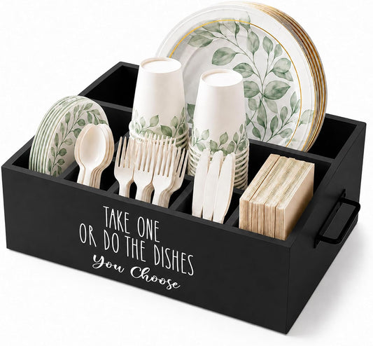 Paper Plate Holder, Plastic Silverware Caddy, Plastic Utensil Dispenser for Party Buffet Camping BBQ, Disposable Spoon Fork Knives Dish Cup Napkin Storage Organizer for Kitchen Counter (White)