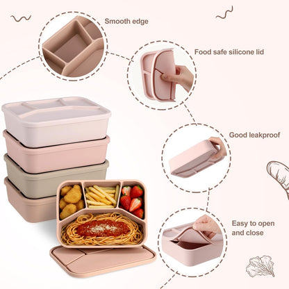 Honeydak 6 Pcs Silicone Bento Box Reusable Lunch Container 4 Compartment Snack Boxes with Lid Smooth LeakProof Rectangle Food Boxes for Adult Work Travel Food Storage (Cute Color)