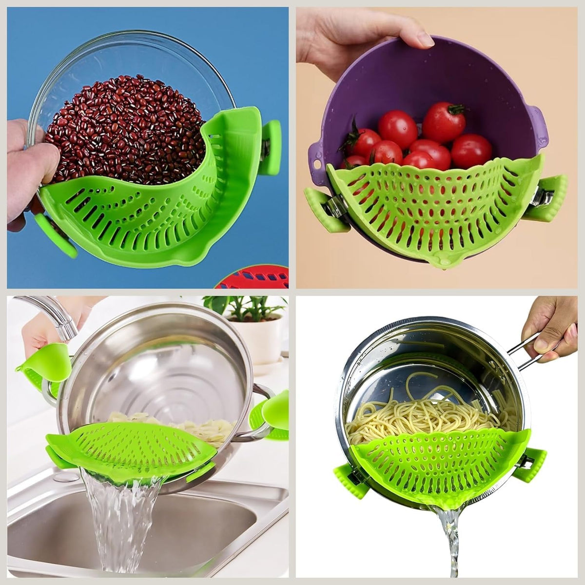 Clip On Strainer Silicone for All Pots and Pans, Pasta Strainer Clip on Food Strainer for Meat Vegetables Fruit Silicone Kitchen Colander (Black)
