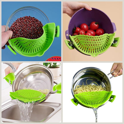 Clip On Strainer Silicone for All Pots and Pans, Pasta Strainer Clip on Food Strainer for Meat Vegetables Fruit Silicone Kitchen Colander (Black)