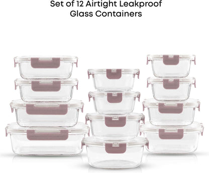 JoyJolt 24pc Borosilicate Glass Storage Containers with Lids | 12 Airtight/Freezer Safe Food Storage Containers for Pantry and Kitchen | Meal Prep Container for Lunch | Glass Tupperware Set