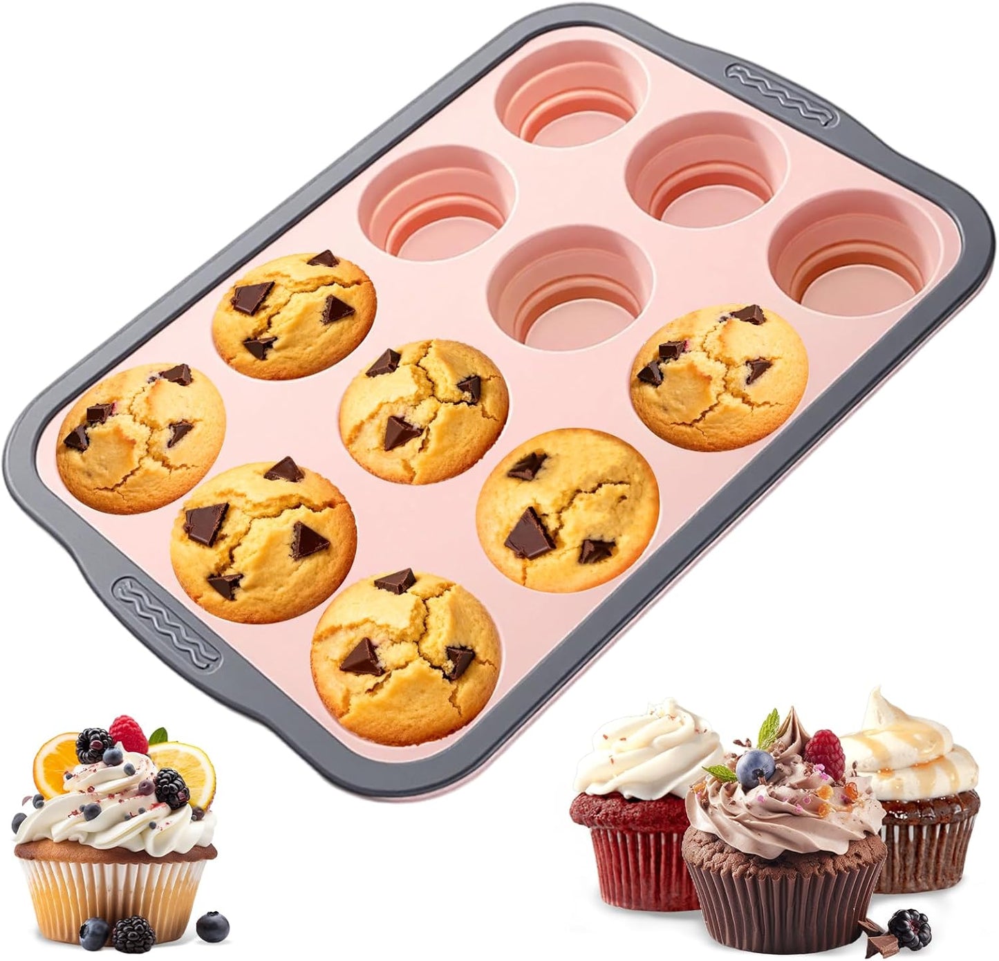 Silicone Muffin Pan, 12 Cups Non-Stick Cupcake Pan, Food-Grade BPA-Free Muffin Tin, Oven-Safe 450 °F, Reinforced Steel Frame, Easy-Grab Handles, Quick-Release 2.3" Baking Molds for Mini Treats