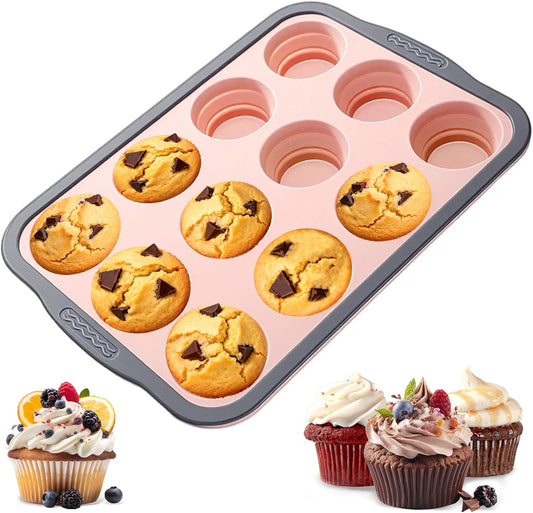 Silicone Muffin Pan, 12 Cups Non-Stick Cupcake Pan, Food-Grade BPA-Free Muffin Tin, Oven-Safe 450 °F, Reinforced Steel Frame, Easy-Grab Handles, Quick-Release 2.3" Baking Molds for Mini Treats