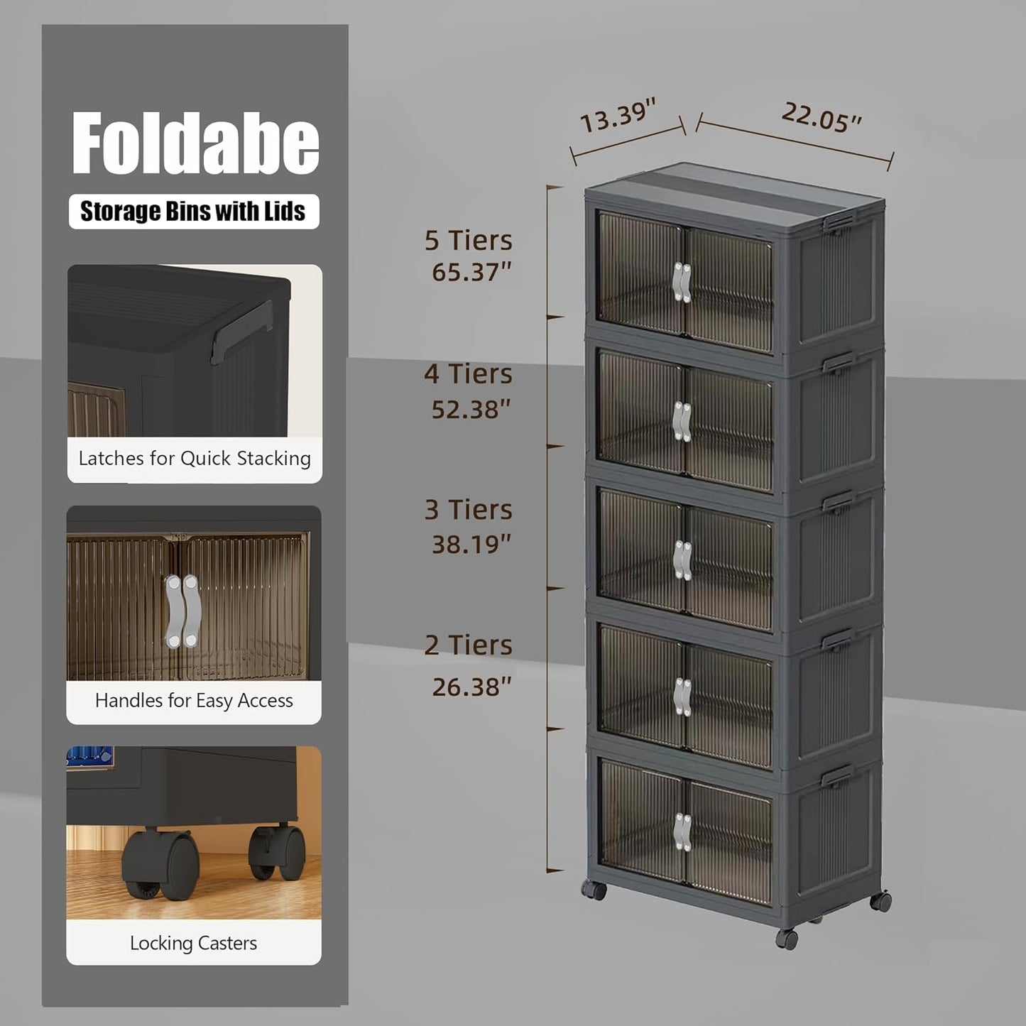 51QT Stackable Storage Bins with Lids & Wheels - Foldable Cabinet Clear Door Plastic Organizer Containers for Home, Garage, Pantry Organization - Collapsible Design Gray 5T