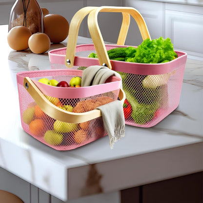 Cheardia 2 Pack Picnic Baskets, Metal Mesh Harvest Basket with Foldable Wooden Handle, Rectangle Garden Storage Basket Bin for Vegetable Fruit Garden Kitchen Cabinet Picking Gathering