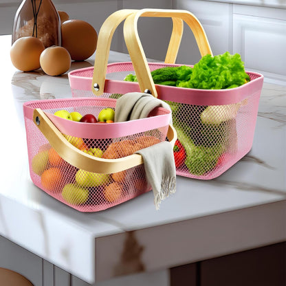 Cheardia 2 Pack Picnic Baskets, Metal Mesh Harvest Basket with Foldable Wooden Handle, Rectangle Garden Storage Basket Bin for Vegetable Fruit Garden Kitchen Cabinet Picking Gathering