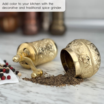 Handmade Decorative Black Pepper Grinder, Zamak Conical Burr, Refillable Turkish Spice Mill Manual Pepper Mill with Handle, Spice Grinder Metal with Hand Crank 11 cm-4.3 inch