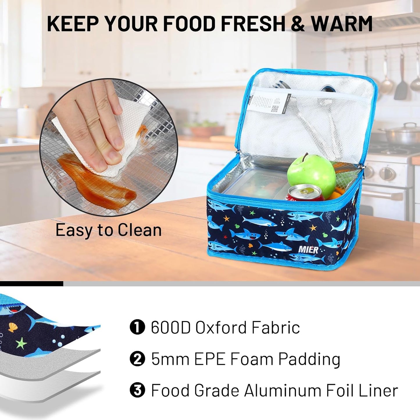 MIER Small Lunch Bag for Kids & Adults Compact Insulated Lunch Box Portable Thermal Mini Cooler for Work School Travel, Bluesteel