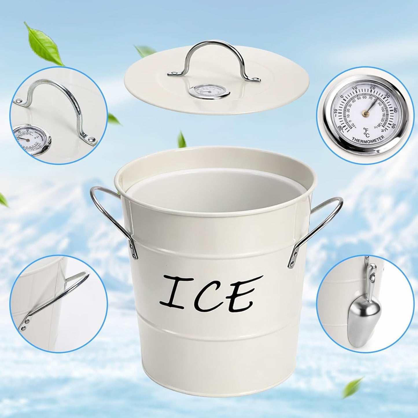 4L Ice Bucket, Double Wall Metal Wine Chiller Bucket, including Thermometer, Lid, Scoop and Plastic Liner, Large Beverage Tub Ice Holder for Wine, Champagne, Cocktail Party Bar