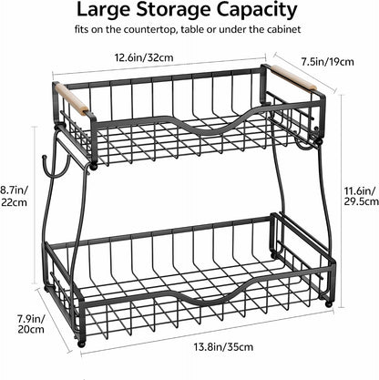3 Tier Fruit Basket for Kitchen Countertop with 2 Banana Hangers,Detachable Metal Fruit Bowl with Wooden Handles and Protective Pads,Large Capacity Fruit and Vegetable Basket Organizer,Black