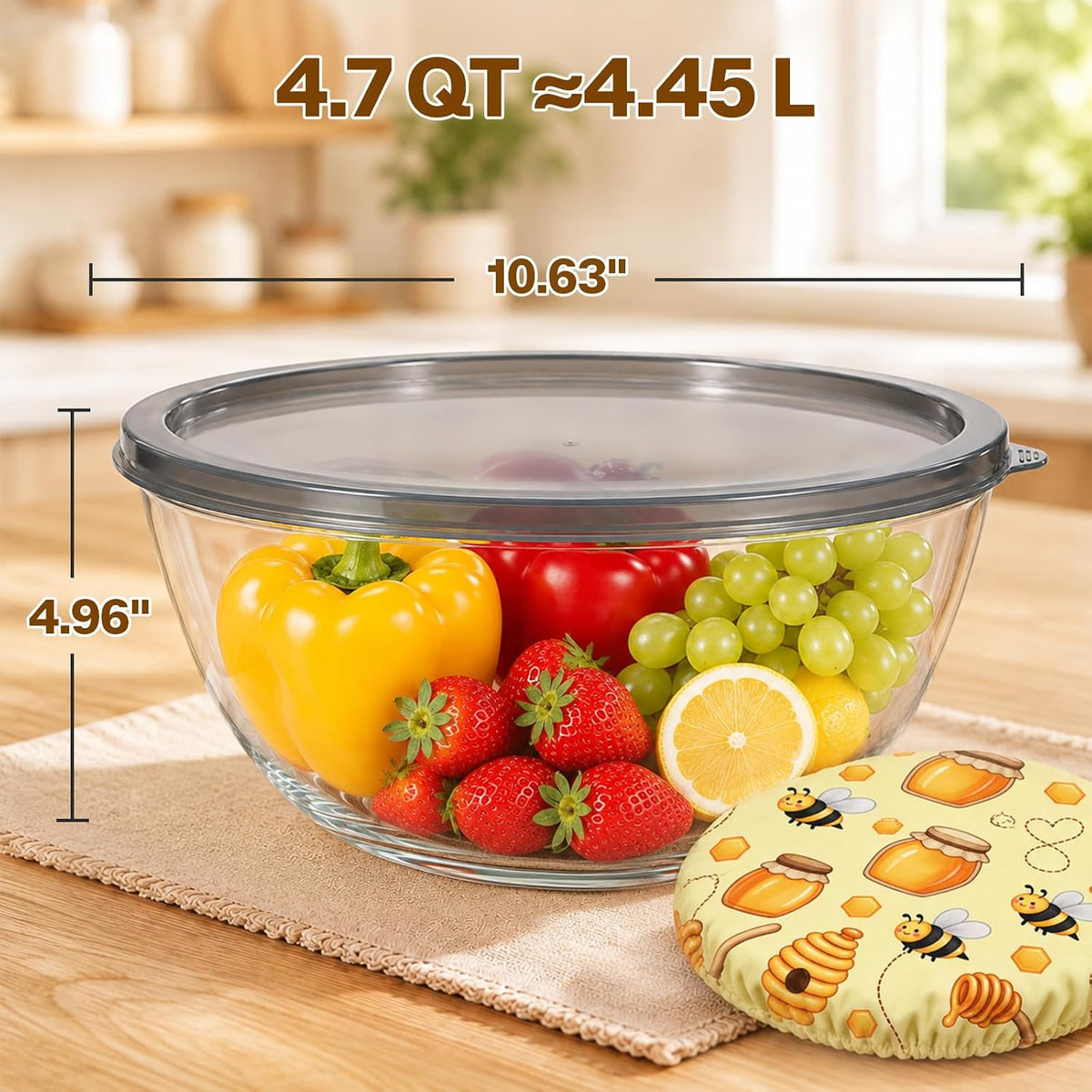 4.7 QT Large Glass Mixing Bowl with Lid, for Sourdough Bread Making