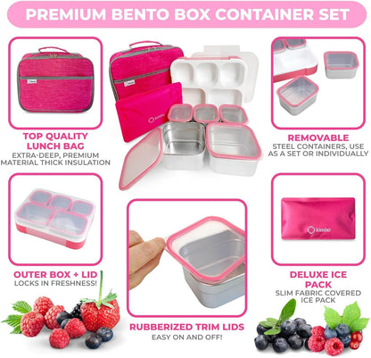 Stainless Steel Bento Lunch Box Set For Adults, Kids - Insulated Bag And Ice Pack - Leak-Proof Metal Compartment Meal Prep Food & Snack Containers For Work Travel School Daycare, 42 Oz Grey Black
