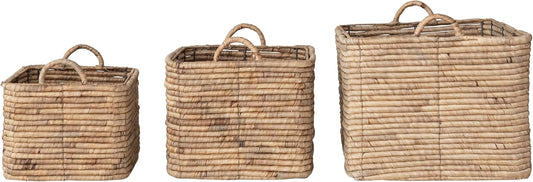 Creative Co-Op 3-Piece Hand-Woven Water Hyacinth Rectangle Storage Baskets with Handles, Natural