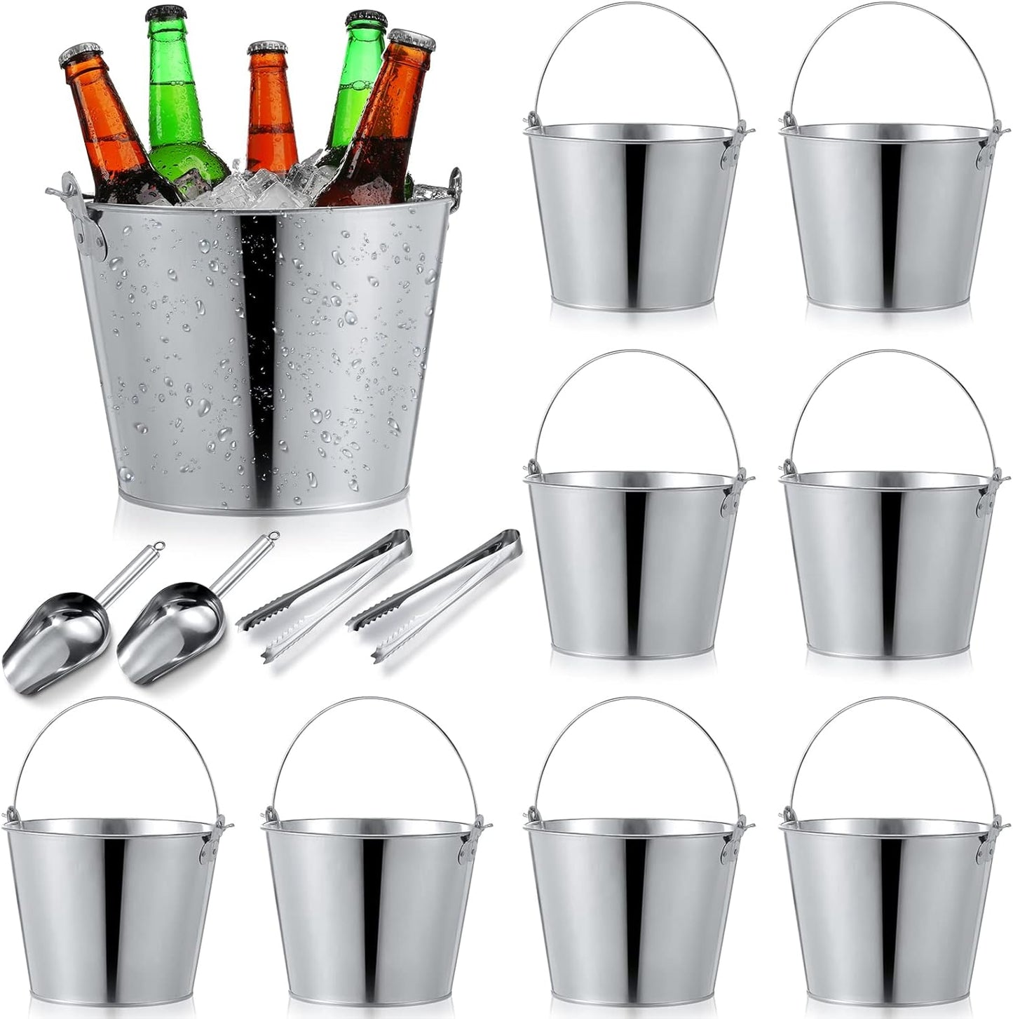 Zopeal 12 Pcs Galvanized Beer Bucket Set, Includes 8 Metal Ice Buckets 5qt with 2 Scoops & 2 Tongs, Round Slive Pails Bulk for Weddings Birthday Beach Pool Party Supplies Summer Table Centerpieces