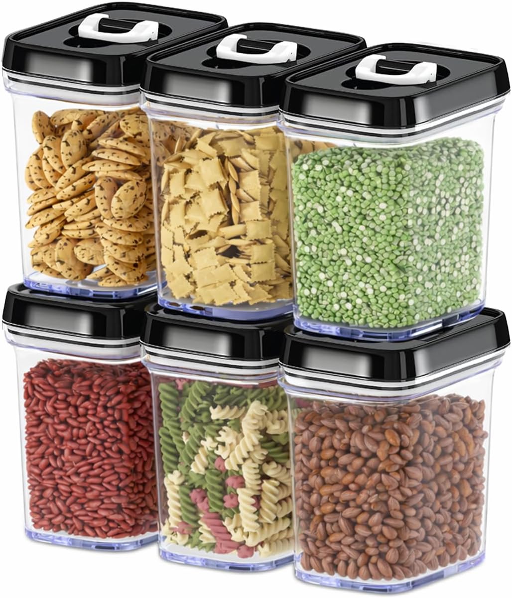 DWËLLZA KITCHEN Large Airtight Food Storage Containers - Clear Plastic Bulk Food Pantry & Kitchen Storage Containers for Flour, Sugar and Baking Supplies 4 Pcs. BPA-Free, Keeps Fresh & Dry (Black)