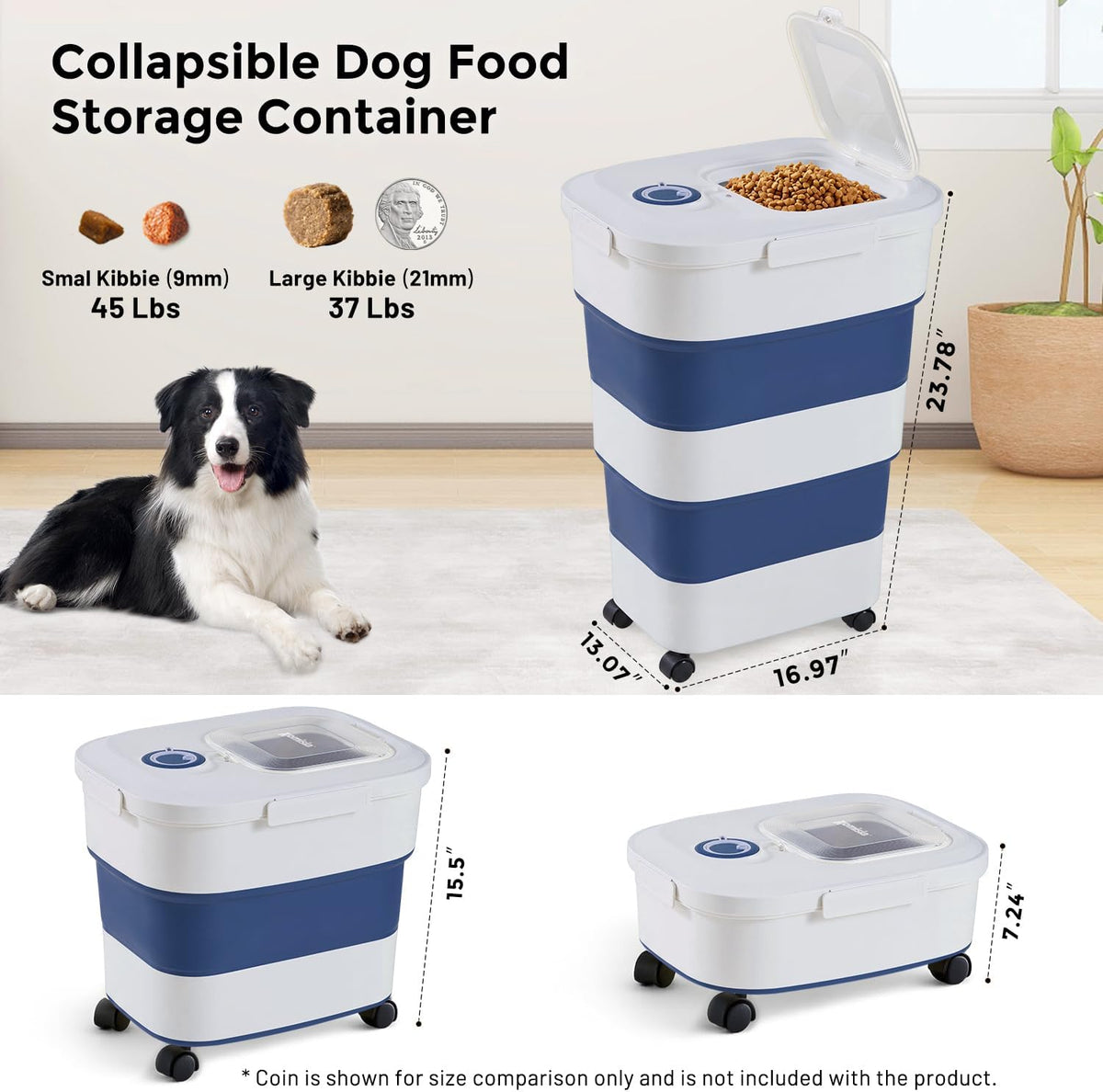 ZOMISIA 40-50lbs Dog Food Storage Container, Large Capacity Collapsible Airtight Pet Food Storage Containers with Rolling Wheels, Transparent Lid, Scoop and Date Track, Brown