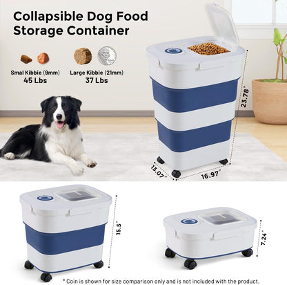 ZOMISIA 40-50lbs Dog Food Storage Container, Large Capacity Collapsible Airtight Pet Food Storage Containers with Rolling Wheels, Transparent Lid, Scoop and Date Track, Brown