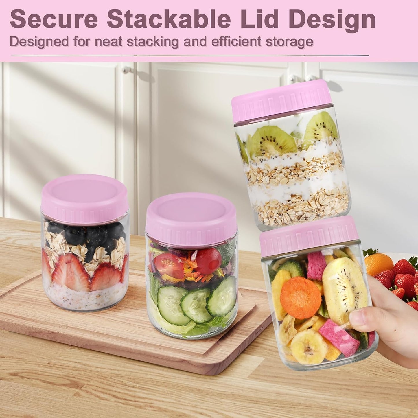 Overnight Oats Containers with Lids, 10oz Wide Mouth Mason Jars with Lids, 9 Pack Glass Jars with Airtight lid for Chia Pudding Yogurt Salad, Meal Prer Oatmeal Jars, Pink