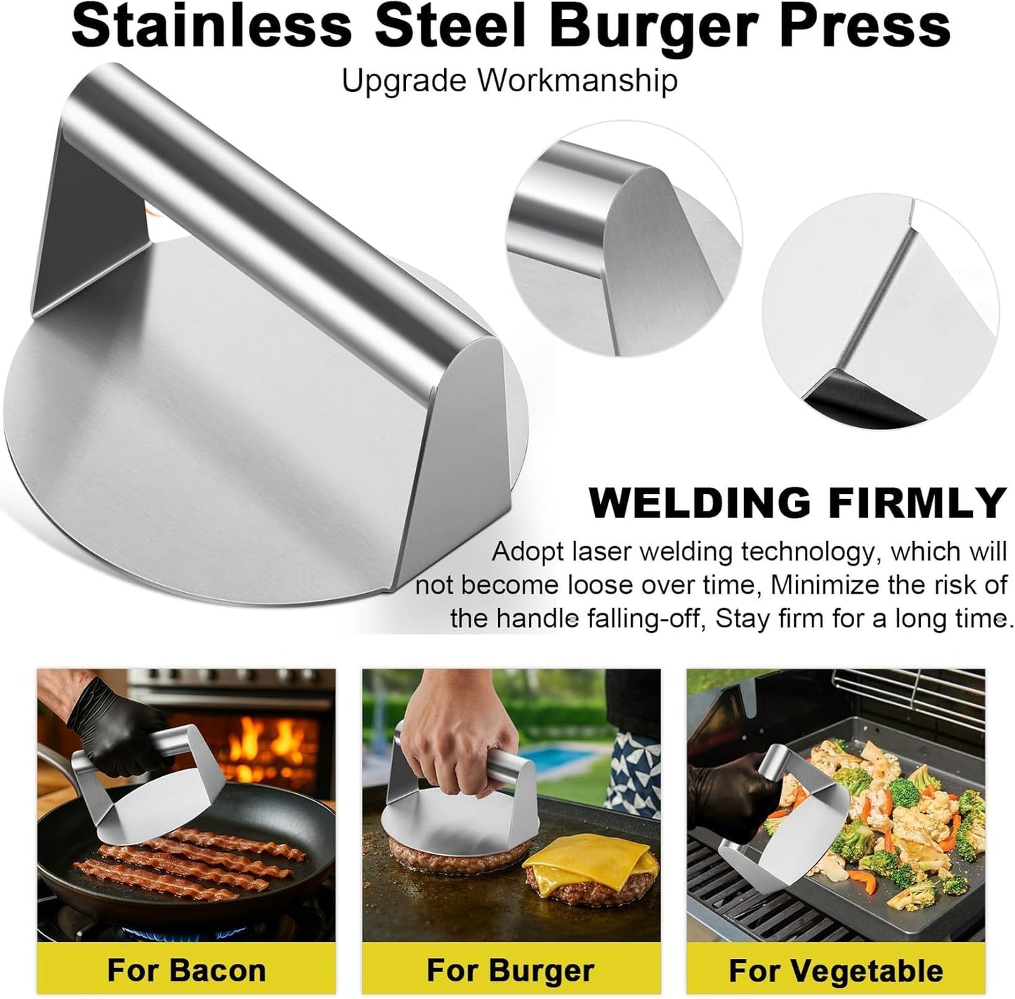 Smash Burger Kit Griddle Accessories (6Pcs), Joyfair 9in Basting Cover with Grill Spatula & Bacon Press Set, Stainless Steel Hamburger Turner, Melting Dome, Patty Press for Outdoor BBQ Kitchen Cooking