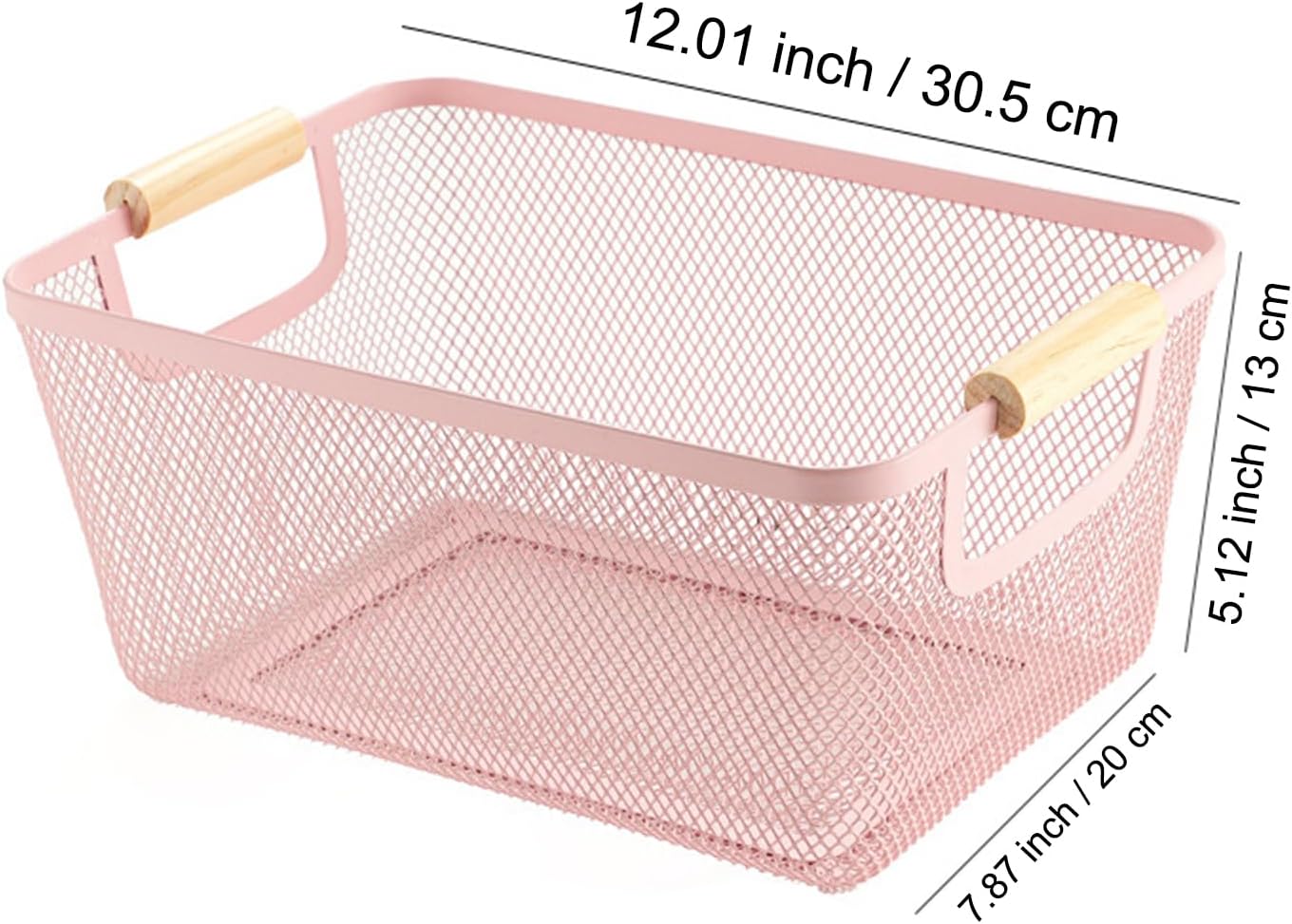 AJIODA Metal Mesh Steel Basket, Large Wire Storage Organizer Basket Multi-function Hanging Kitchen Baskets with Wood Handle for Kitchen Bathroom Picnic Home, Rectangle-Off White