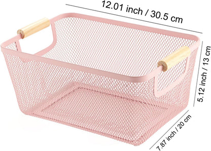 AJIODA Metal Mesh Steel Basket, Large Wire Storage Organizer Basket Multi-function Hanging Kitchen Baskets with Wood Handle for Kitchen Bathroom Picnic Home, Rectangle-Off White