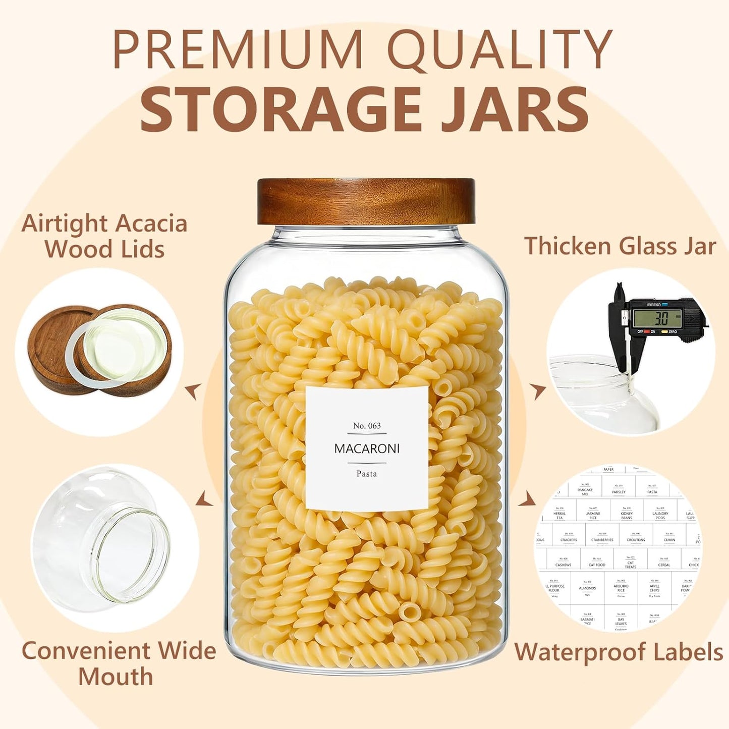 KEYWING 88oz Large Glass Jars with Airtight Acacia Wood Lids, Set of 3 Food Storage Containers for Flour, Sugar, Rice, Pasta, Cereal, Cookies – Includes 126 Labels