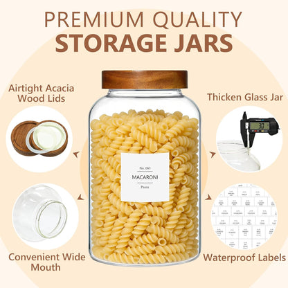 KEYWING 88oz Large Glass Jars with Airtight Acacia Wood Lids, Set of 3 Food Storage Containers for Flour, Sugar, Rice, Pasta, Cereal, Cookies – Includes 126 Labels