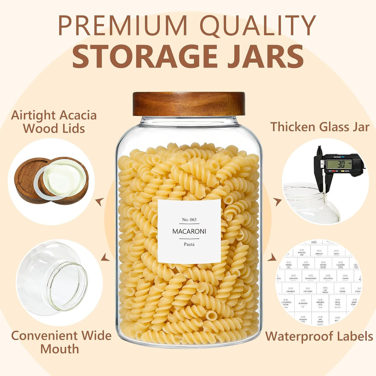 KEYWING 88oz Large Glass Jars with Airtight Acacia Wood Lids, Set of 3 Food Storage Containers for Flour, Sugar, Rice, Pasta, Cereal, Cookies – Includes 126 Labels