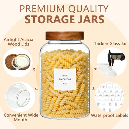 KEYWING 88oz Large Glass Jars with Airtight Acacia Wood Lids, Set of 3 Food Storage Containers for Flour, Sugar, Rice, Pasta, Cereal, Cookies – Includes 126 Labels