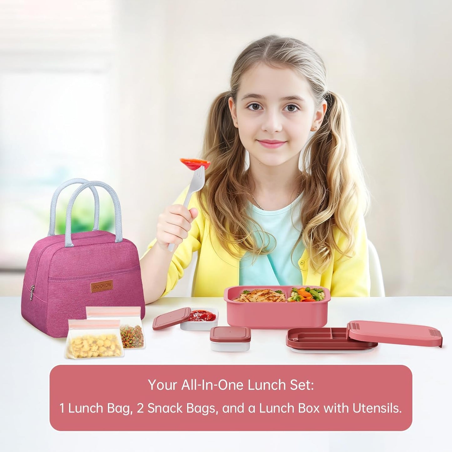 JBGOYON Bento Box and Lunch Bag Set, Leak-Proof Lunch Box for Adults and Kids with Built-in Utensils, Insulated for Work School Travel, Microwave & Dishwasher Safe, All-in-One (Purple)