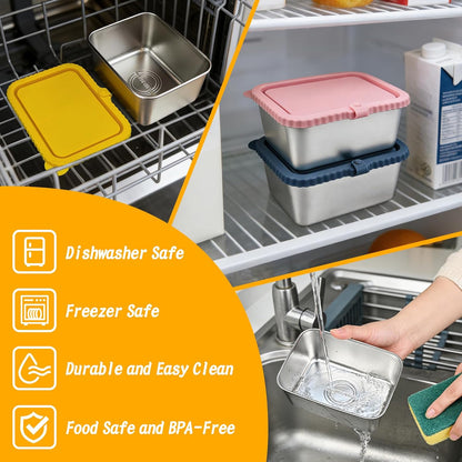 4-Pack Stainless Steel Snack Containers with Silicone Lids, 20oz Leakproof Food Storage Meal Prep Containers Reusable Metal Bento Lunch Snackle Box Container for Travel, Picnics, Office