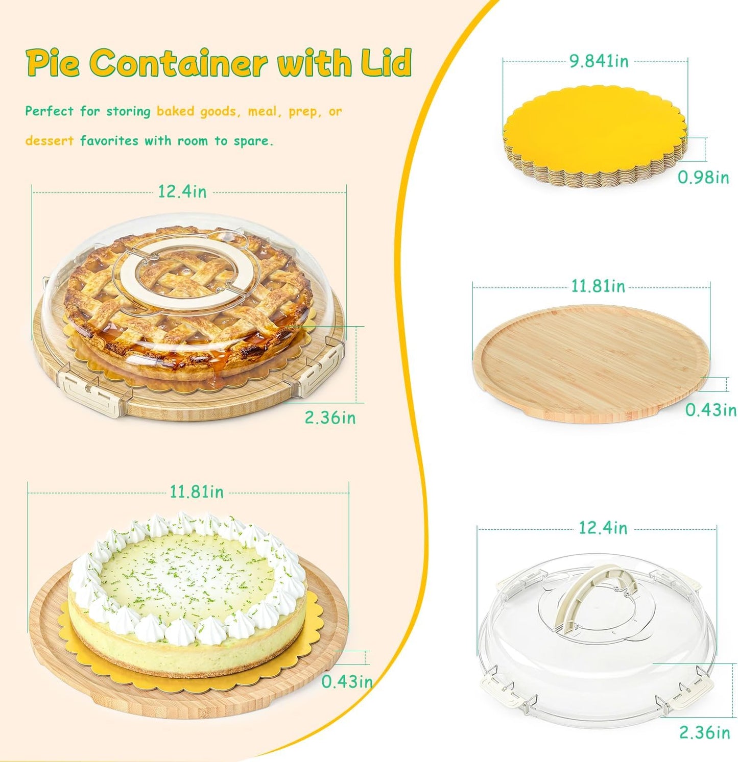 Pie Carrier with Lid and Handle, Reusable Pie Container for 10 Inch Round Pie, Cheesecake, Pizza, Cheesecake Container for Party with 10 Pcs Round Golden Cake Boards and Portable Insulated Bag