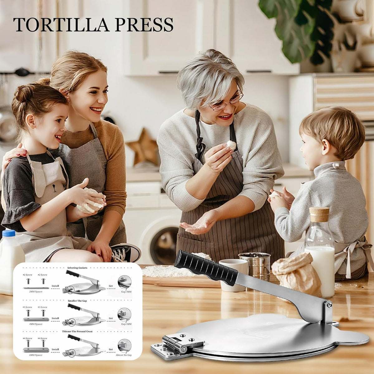 Tortilla Press Stainless Steel，SELERS,Heavy Duty, Adjustable To Press Different Thickness Of Crust, Removable, For Flour Tortilla, Roti, Flatbreads, Taco, Pie, Silver (10.5 inch)