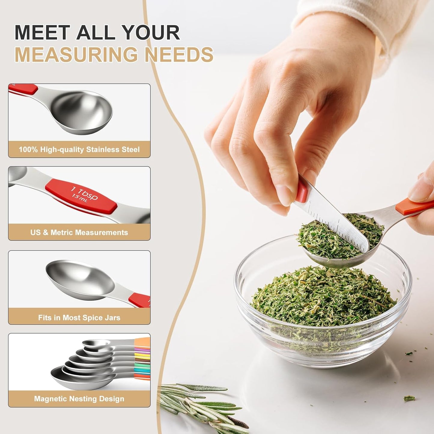 EWFEN Measuring Cups and Spoons Set, 7 Stainless Steel Nesting Measuring Cups & 7 Spoons, 5 Mini Measuring Spoons & 2 Detachable Rings, Kitchen Gadgets for Cooking & Baking, Round