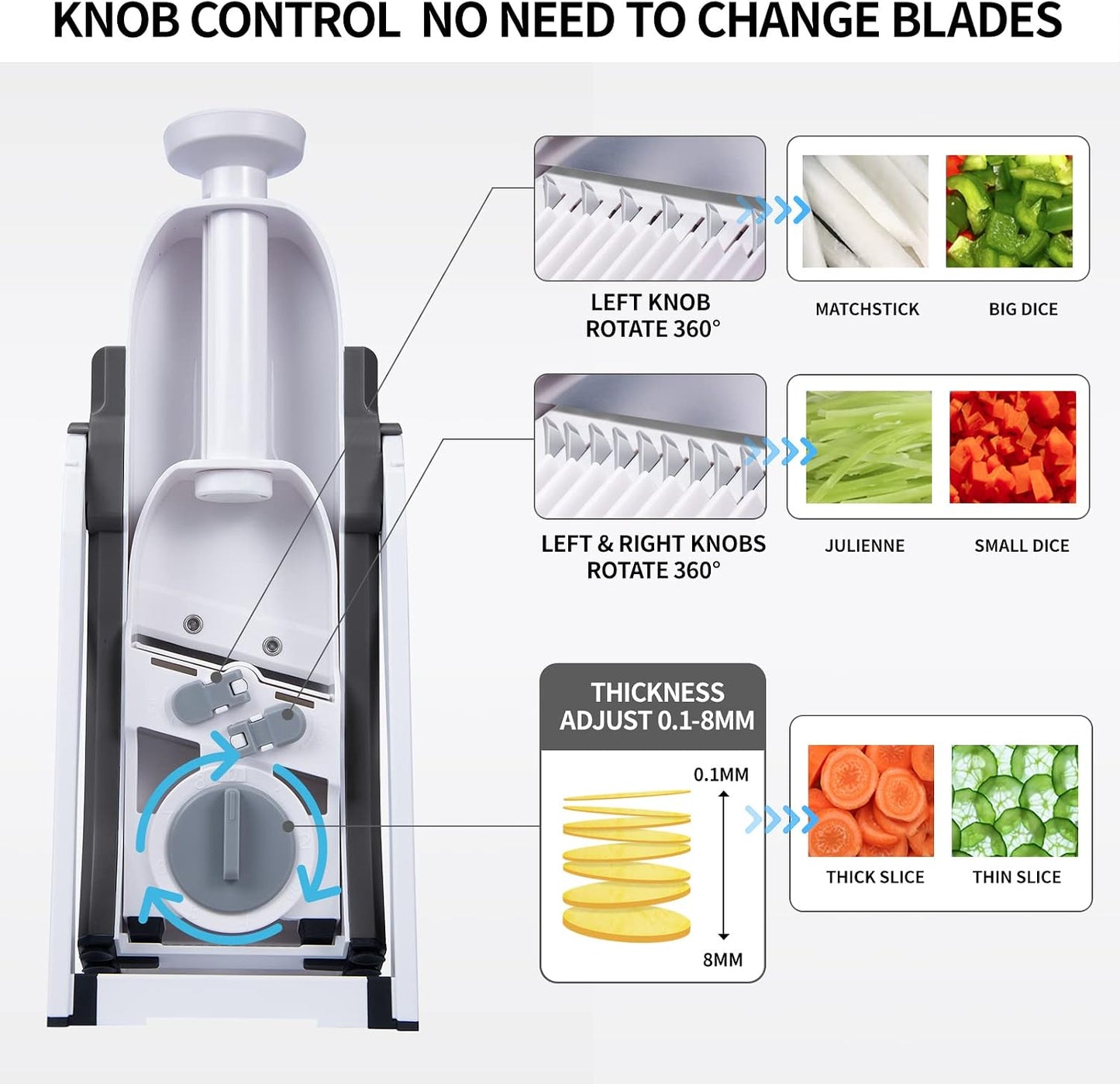 QYKIC Safe Mandoline Slicer,Vegetable Potato Slice Food Cutter for Kitchen,Thickness Adjustable Upright Veggie Chopper for Fast Meal prep (Gray)
