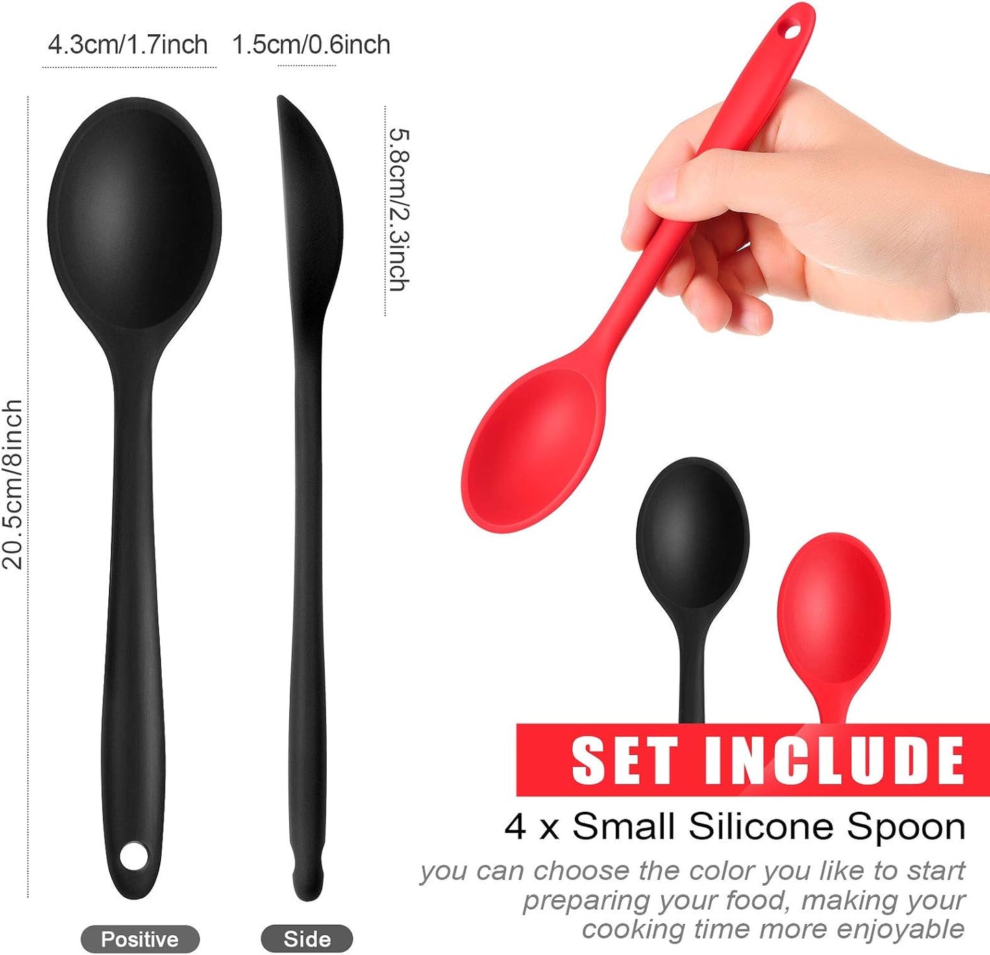 Patelai 4 Pieces Small Silicone Cooking Spoons 8 Inch Heat Resistant Silicone Serving Stirring Spoon for Kitchen Nonstick Cooking Tool Basting Utensils Dishwasher Safe(Red, Orange, Green, Purple)