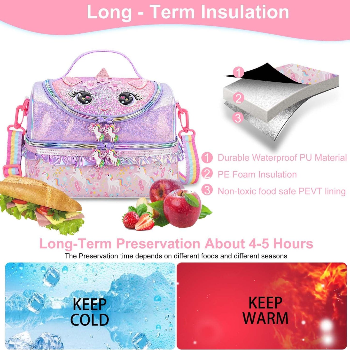 RHCPFOVR Kids Lunch Bag - Double - Decker Cooler Insulated Lunch Box for Boys Girls,Washable Lunch Bag with Strap and Reusable Toddler Lunchbox for School and Daycare