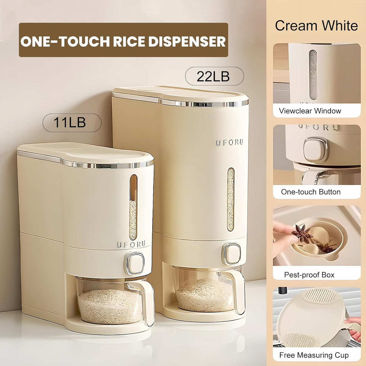 UFORU Rice Dispenser, Rice Storage Container with Measuring Cup for Kitchen Pantry Household, Dry Food Storage Containers Airtight, Sealed Moisture Proof (White 13Lbs)