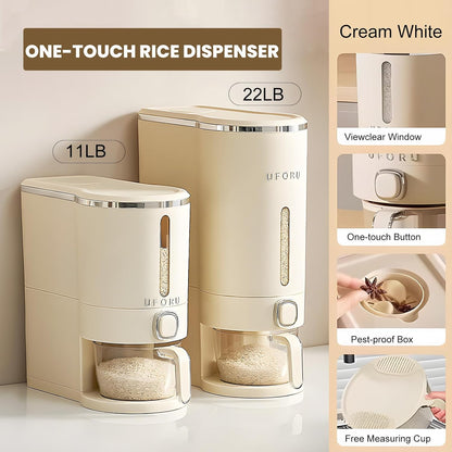 UFORU Rice Dispenser, Rice Storage Container with Measuring Cup for Kitchen Pantry Household, Dry Food Storage Containers Airtight, Sealed Moisture Proof (White 13Lbs)